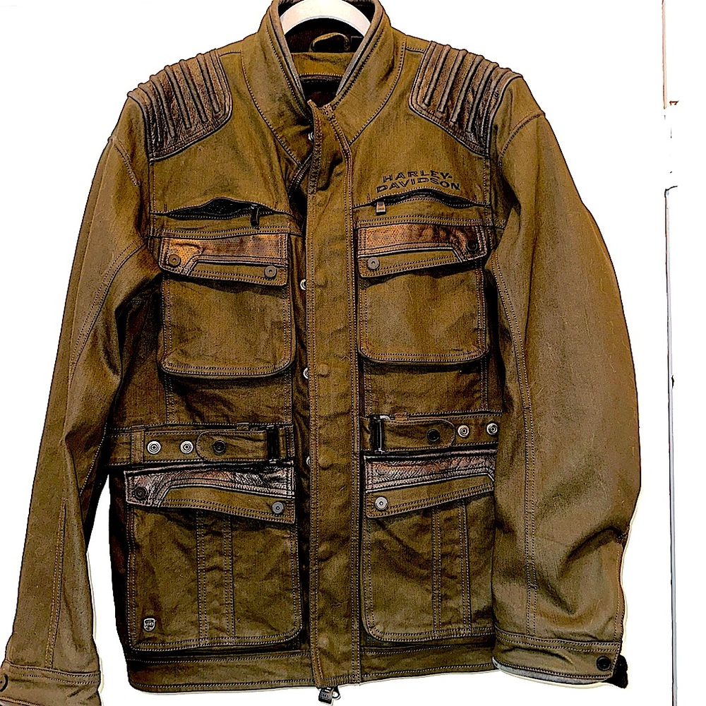 Harley Davidson Olive Green Heavy Canvas Riding Jacket with Leather Accents
